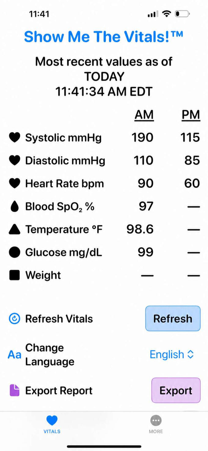 Show Me The Vitals app screen in day mode showing today’s AM and PM vital-sign stacks.