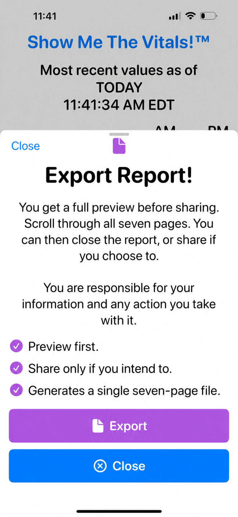Optional Export Report option pictured, a pop-up with preview, export, and close options.