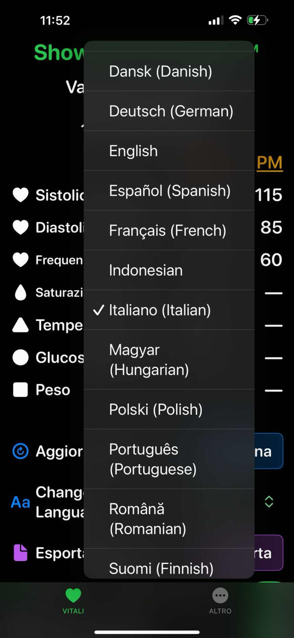 Language selection pop-up in Show Me The Vitals with multiple language options.